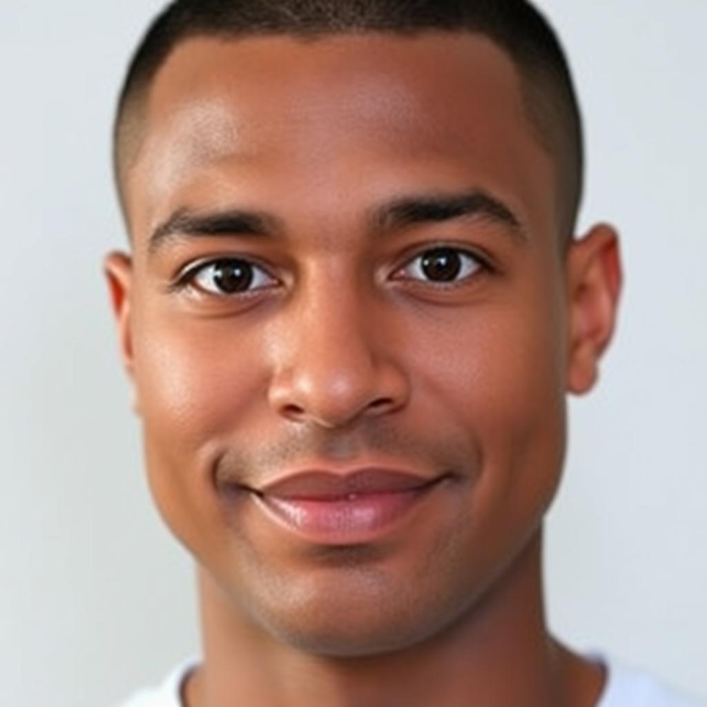 A man with brown skin, buzz cut hairstyle, almond-shaped round black eyes