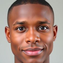 A man with brown skin, buzz cut hairstyle, almond-shaped round black eyes