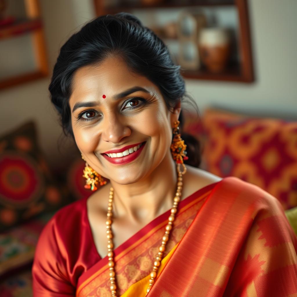 A graceful and elegant Indian woman in her 40s, wearing traditional attire