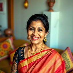 A graceful and elegant Indian woman in her 40s, wearing traditional attire