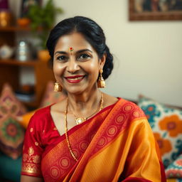 A graceful and elegant Indian woman in her 40s, wearing traditional attire