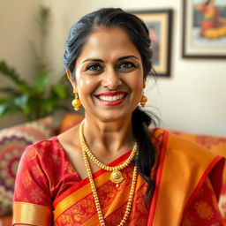 A graceful and elegant Indian woman in her 40s, wearing traditional attire