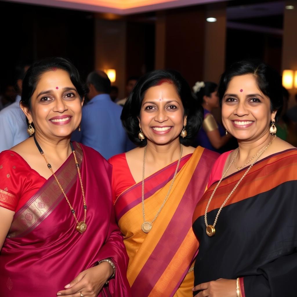 Three adult women smiling at a social event, all dressed in traditional Indian sarees