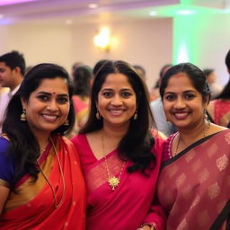 Three adult women smiling at a social event, all dressed in traditional Indian sarees