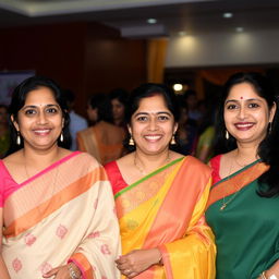 Three adult women smiling at a social event, all dressed in traditional Indian sarees