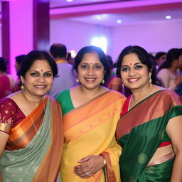 Three adult women smiling at a social event, all dressed in traditional Indian sarees