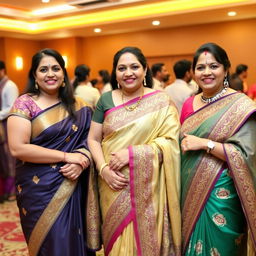 Three adult women at a festive gathering, all wearing elegant and intricately designed sarees, exuding confidence and grace