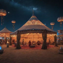 A fantastical scene set in the night, an Arabian designed tent illuminated amidst a festival, and various robots all around, adding a futuristic touch.