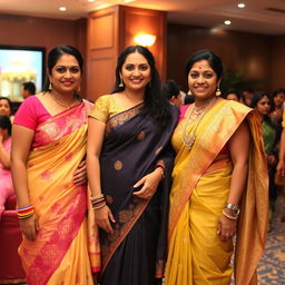 Three adult women at a festive gathering, all wearing elegant and intricately designed sarees, exuding confidence and grace