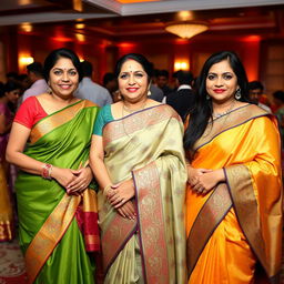 Three adult women at a festive gathering, all wearing elegant and intricately designed sarees, exuding confidence and grace