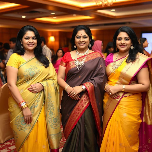 Three adult women at a festive gathering, all wearing elegant and intricately designed sarees, exuding confidence and grace