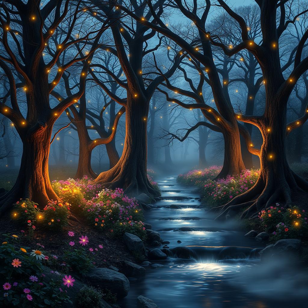 magical forest at dusk, illuminated with fairy lights, soft glow emanating from the trees, ethereal mist floating above the ground, colorful flowers weaving through ancient trees, a gentle stream reflecting the twinkling lights, serene and enchanting atmosphere, no characters present