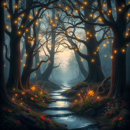 magical forest at dusk, illuminated with fairy lights, soft glow emanating from the trees, ethereal mist floating above the ground, colorful flowers weaving through ancient trees, a gentle stream reflecting the twinkling lights, serene and enchanting atmosphere, no characters present