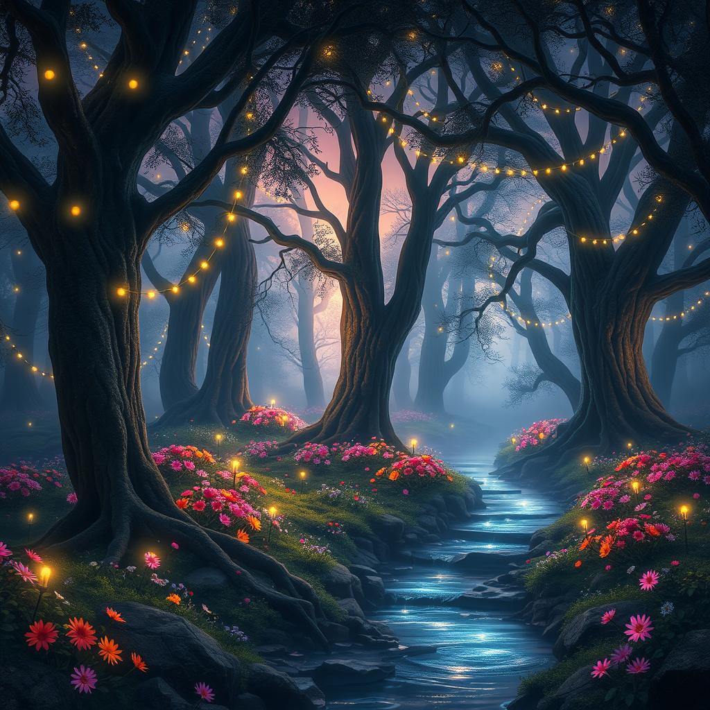 magical forest at dusk, illuminated with fairy lights, soft glow emanating from the trees, ethereal mist floating above the ground, colorful flowers weaving through ancient trees, a gentle stream reflecting the twinkling lights, serene and enchanting atmosphere, no characters present