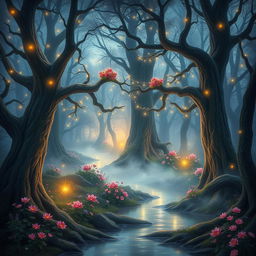 magical forest at dusk, illuminated with fairy lights, soft glow emanating from the trees, ethereal mist floating above the ground, colorful flowers weaving through ancient trees, a gentle stream reflecting the twinkling lights, serene and enchanting atmosphere, no characters present