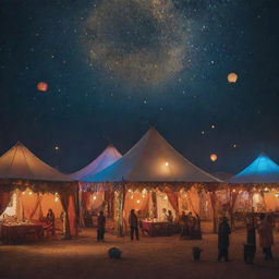 A fantastical scene set in the night, an Arabian designed tent illuminated amidst a festival, and various robots all around, adding a futuristic touch.