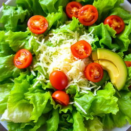 A fresh and vibrant salad scene featuring crisp, green lettuce leaves as a foundation for an array of toppings