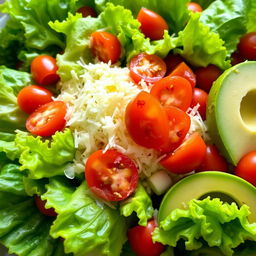 A fresh and vibrant salad scene featuring crisp, green lettuce leaves as a foundation for an array of toppings