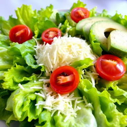 A fresh and vibrant salad scene featuring crisp, green lettuce leaves as a foundation for an array of toppings