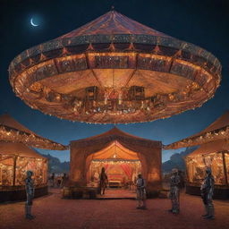 A fantastical scene set in the night, an Arabian designed tent illuminated amidst a festival, and various robots all around, adding a futuristic touch.