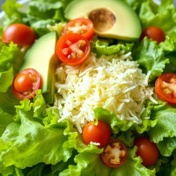 A fresh and vibrant salad scene featuring crisp, green lettuce leaves as a foundation for an array of toppings