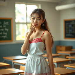 A 20-year-old woman wearing a school dress in a classroom setting with a playful expression