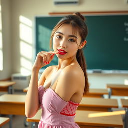 A 20-year-old woman wearing a school dress in a classroom setting with a playful expression