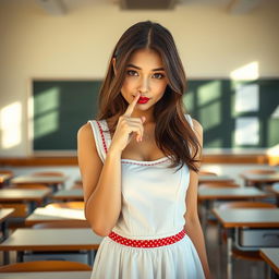 A 20-year-old woman wearing a school dress in a classroom setting with a playful expression