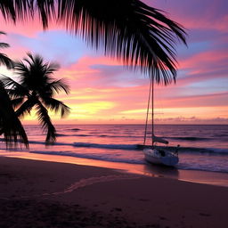 A serene beach scene at sunset with waves gently lapping at the shore and a sky painted in shades of pink, orange, and purple