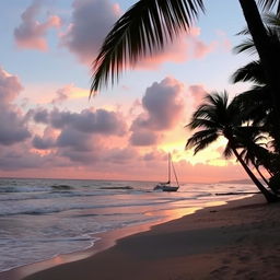 A serene beach scene at sunset with waves gently lapping at the shore and a sky painted in shades of pink, orange, and purple