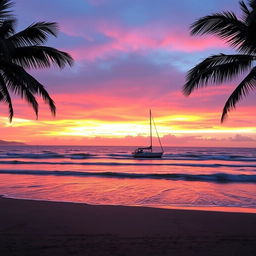 A serene beach scene at sunset with waves gently lapping at the shore and a sky painted in shades of pink, orange, and purple