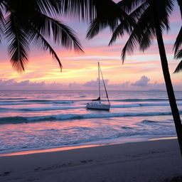 A serene beach scene at sunset with waves gently lapping at the shore and a sky painted in shades of pink, orange, and purple