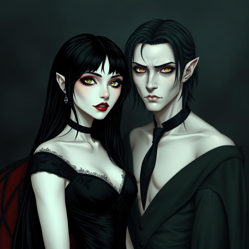 A pair of pale vampires in a gothic setting