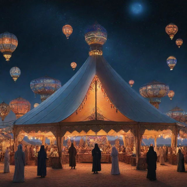A fantastical scene set in the night, an Arabian designed tent illuminated amidst a festival, and various robots all around, adding a futuristic touch.