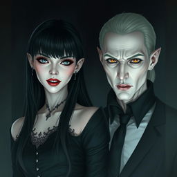 A pair of pale vampires in a gothic setting