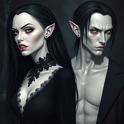 A pair of pale vampires in a gothic setting