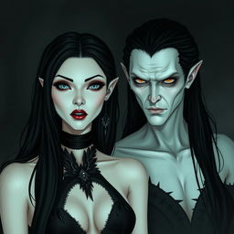 A pair of pale vampires in a gothic setting