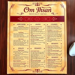 A beautifully designed restaurant menu with the name "Om Ihsan" prominently displayed at the top