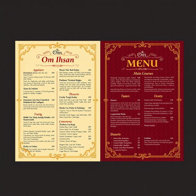 A beautifully designed restaurant menu with the name "Om Ihsan" prominently displayed at the top