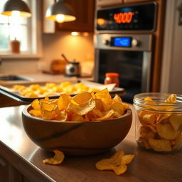 A cozy kitchen setting with an oven preheating in the background, digital display showing 400°F