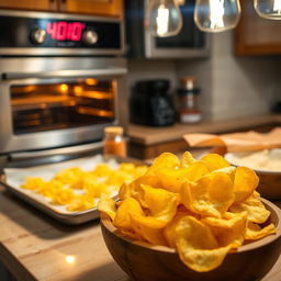 A cozy kitchen setting with an oven preheating in the background, digital display showing 400°F