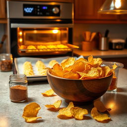 A cozy kitchen setting with an oven preheating in the background, digital display showing 400°F