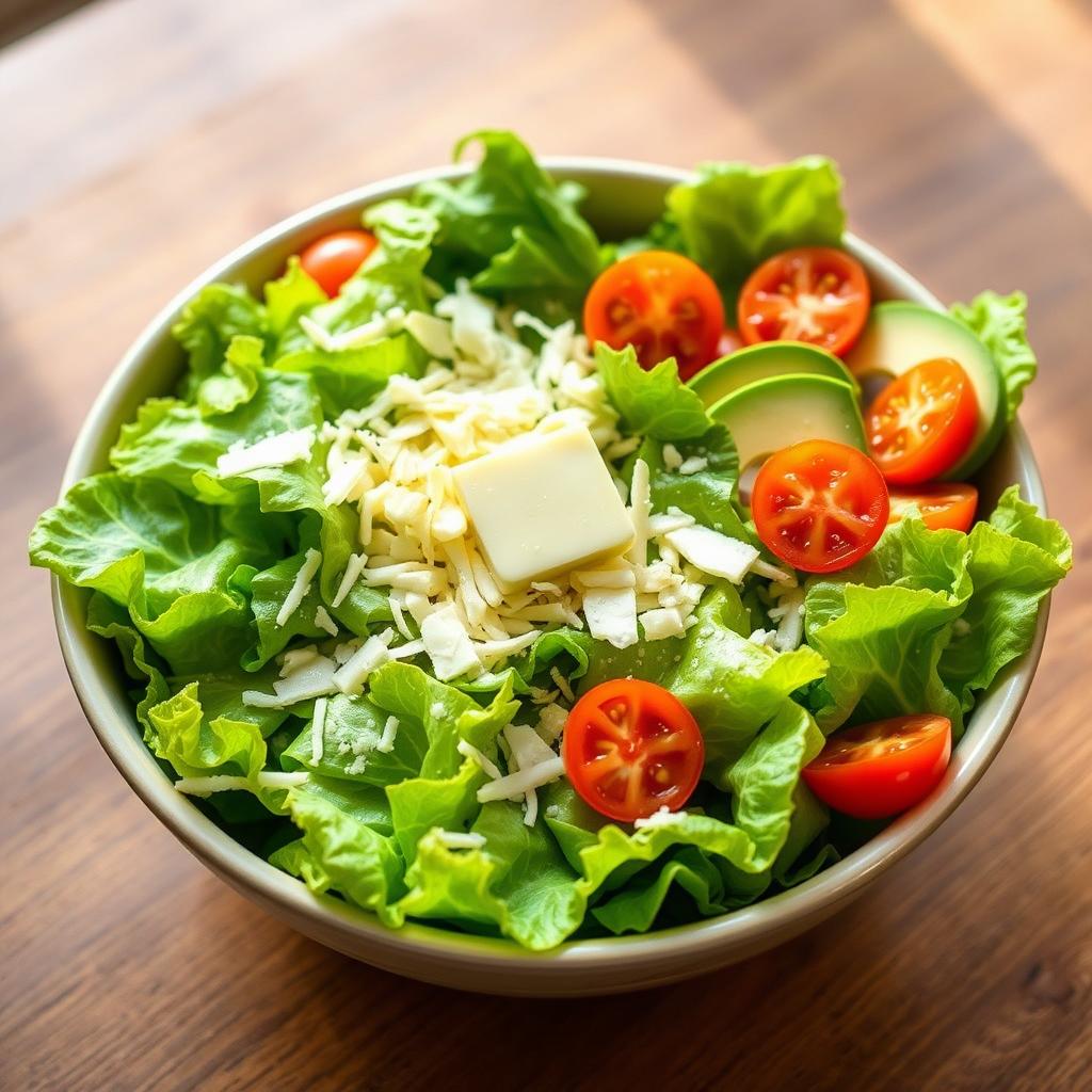 A beautifully styled, vibrant salad bowl featuring a fresh, crisp bed of green lettuce leaves serving as a perfect platform for a colorful array of keto-friendly toppings