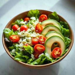 A beautifully styled, vibrant salad bowl featuring a fresh, crisp bed of green lettuce leaves serving as a perfect platform for a colorful array of keto-friendly toppings