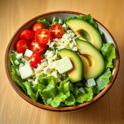 A beautifully styled, vibrant salad bowl featuring a fresh, crisp bed of green lettuce leaves serving as a perfect platform for a colorful array of keto-friendly toppings