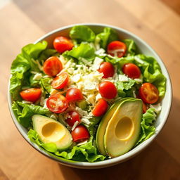 A beautifully styled, vibrant salad bowl featuring a fresh, crisp bed of green lettuce leaves serving as a perfect platform for a colorful array of keto-friendly toppings