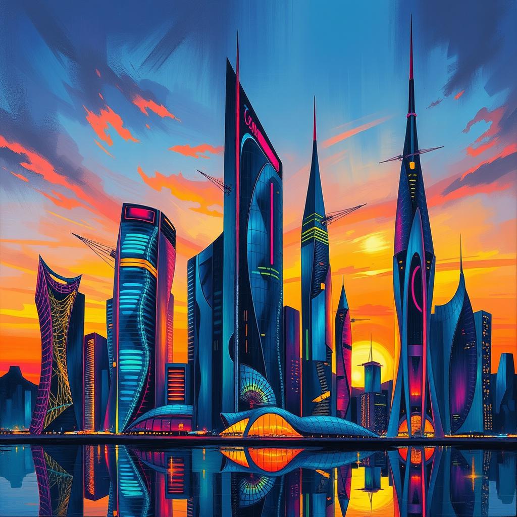 An abstract painting of a futuristic city skyline with neon lights illuminating the sky