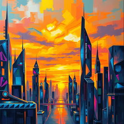 An abstract painting of a futuristic city skyline with neon lights illuminating the sky