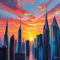 An abstract painting of a futuristic city skyline with neon lights illuminating the sky