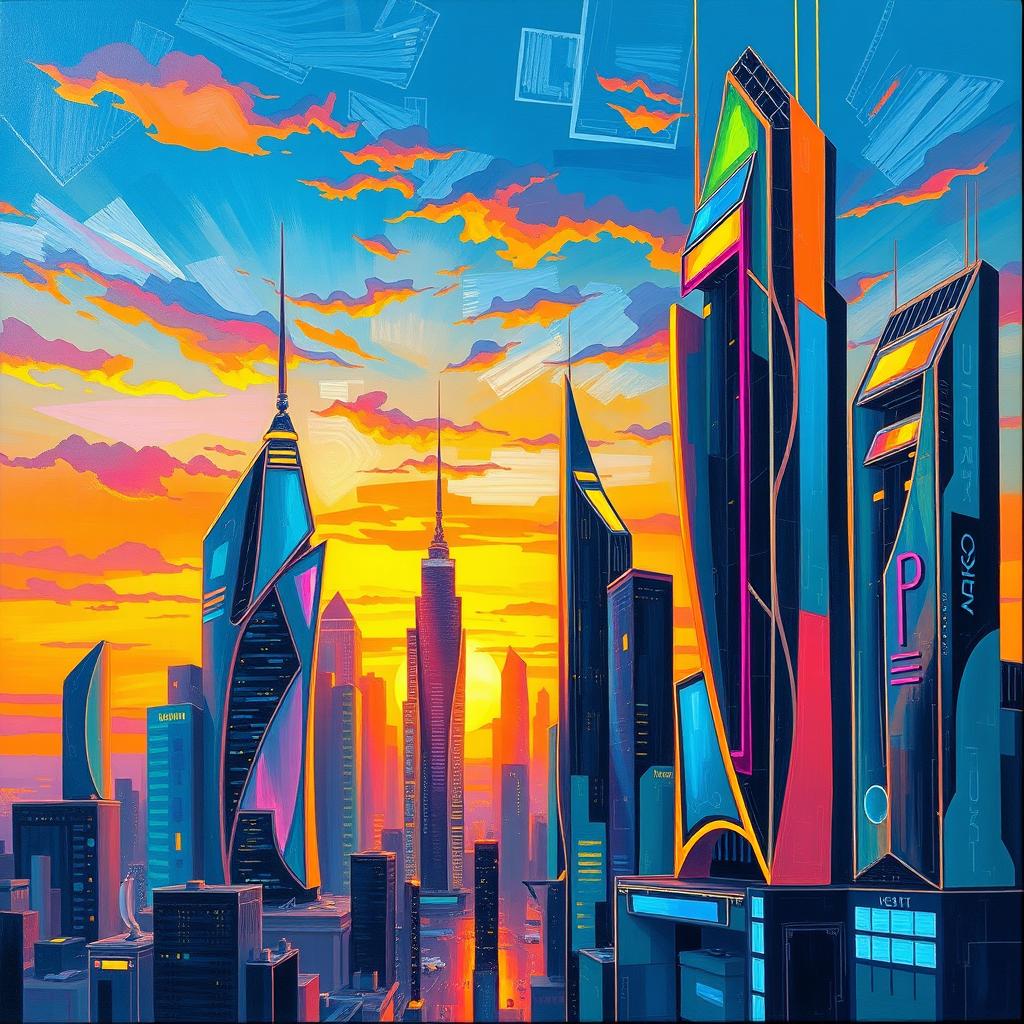 An abstract painting of a futuristic city skyline with neon lights illuminating the sky